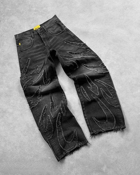Y2K Harajuku Retro Graphic Patch Jeans Hip Hop Gothic Raw Edge Embroidery Black Baggy Jeans Wide Leg Denim Pants Mens Womens 250929
